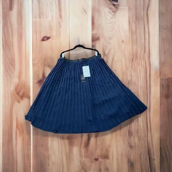 Womens Navy Metallic Pull On Styling Tea-Length Cocktail Pleated Skirt - Picture 4 of 8
